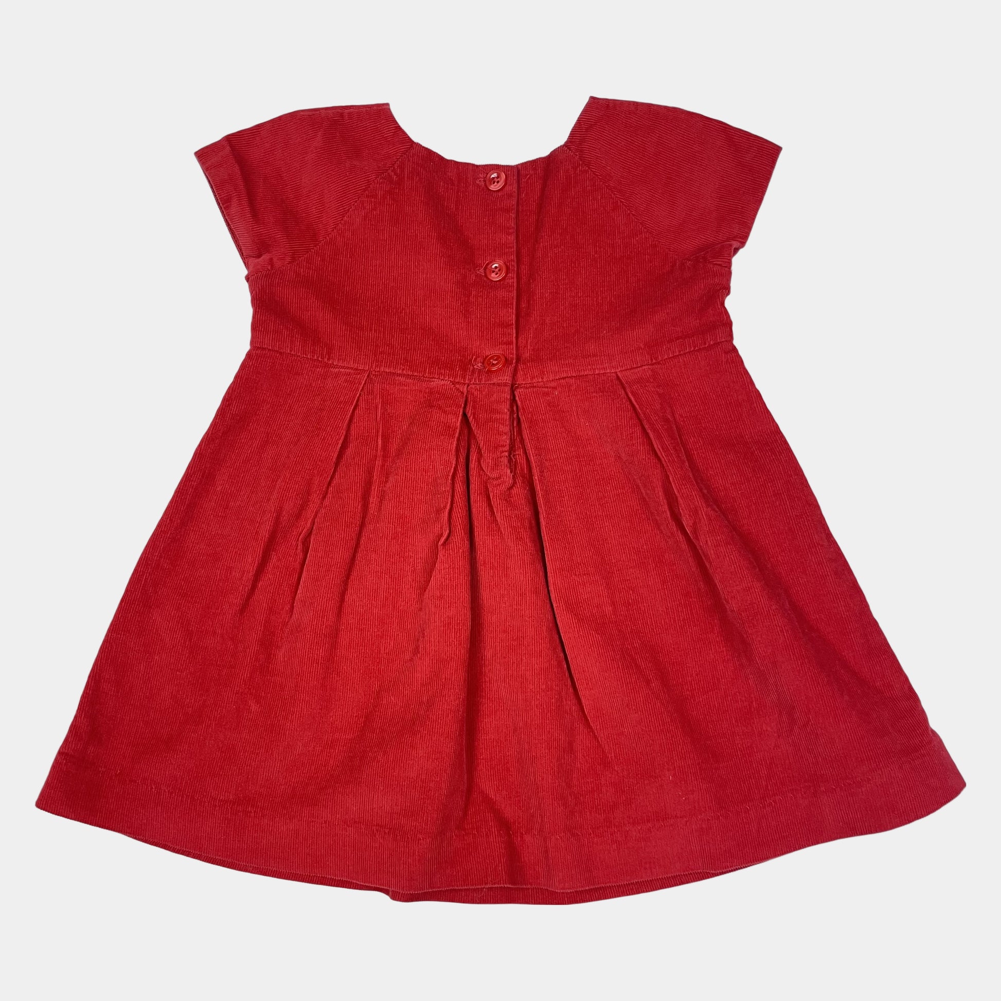 Rotes Kleid aus Baumwolle, kurzärmelig, Knopfleiste hinten, Größe 12–18 Monate – back