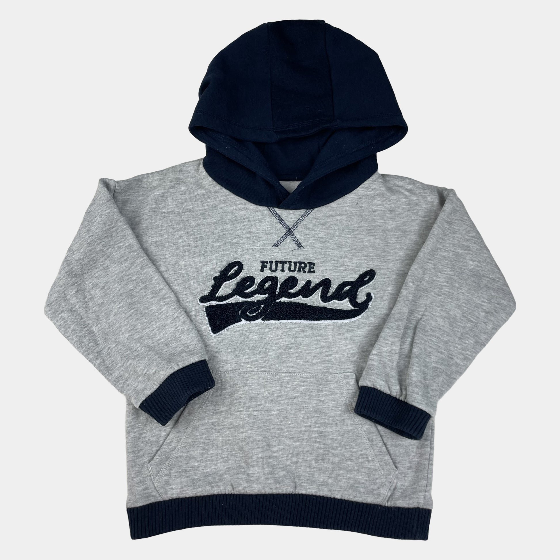 Graues Kinder-Kapuzen-Sweatshirt mit dunkelblauer Kapuze und „Future Legend“-Schriftzug, Größe 4–5 Jahre. – front