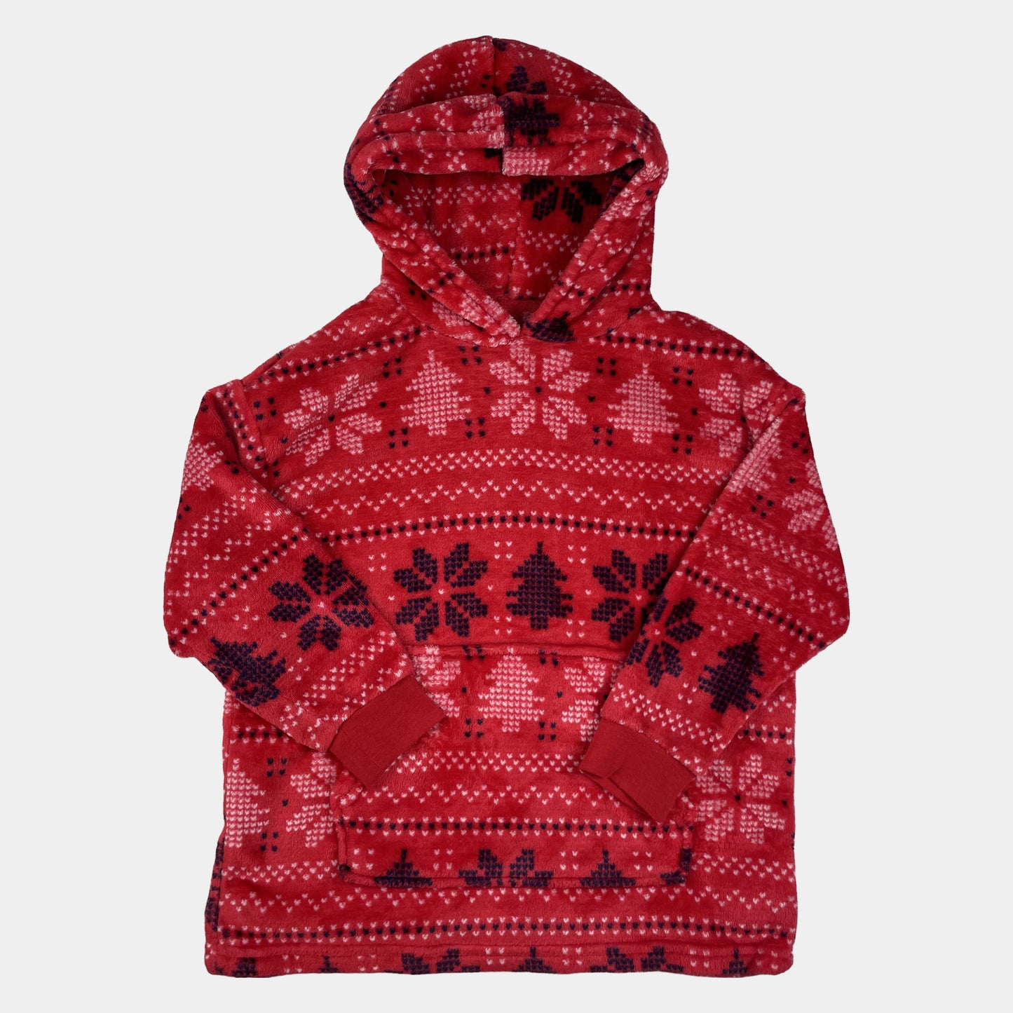 Roter Fleece-Hoodie mit Norwegermuster, Kapuze und Kängurutasche, Größe 2–4 Jahre – front