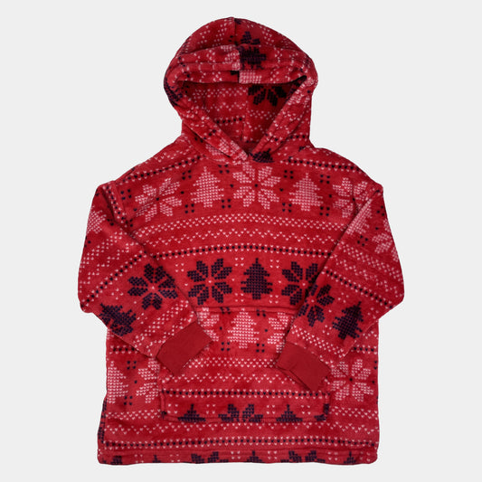 Roter Fleece-Hoodie mit Norwegermuster, Kapuze und Kängurutasche, Größe 2–4 Jahre – front