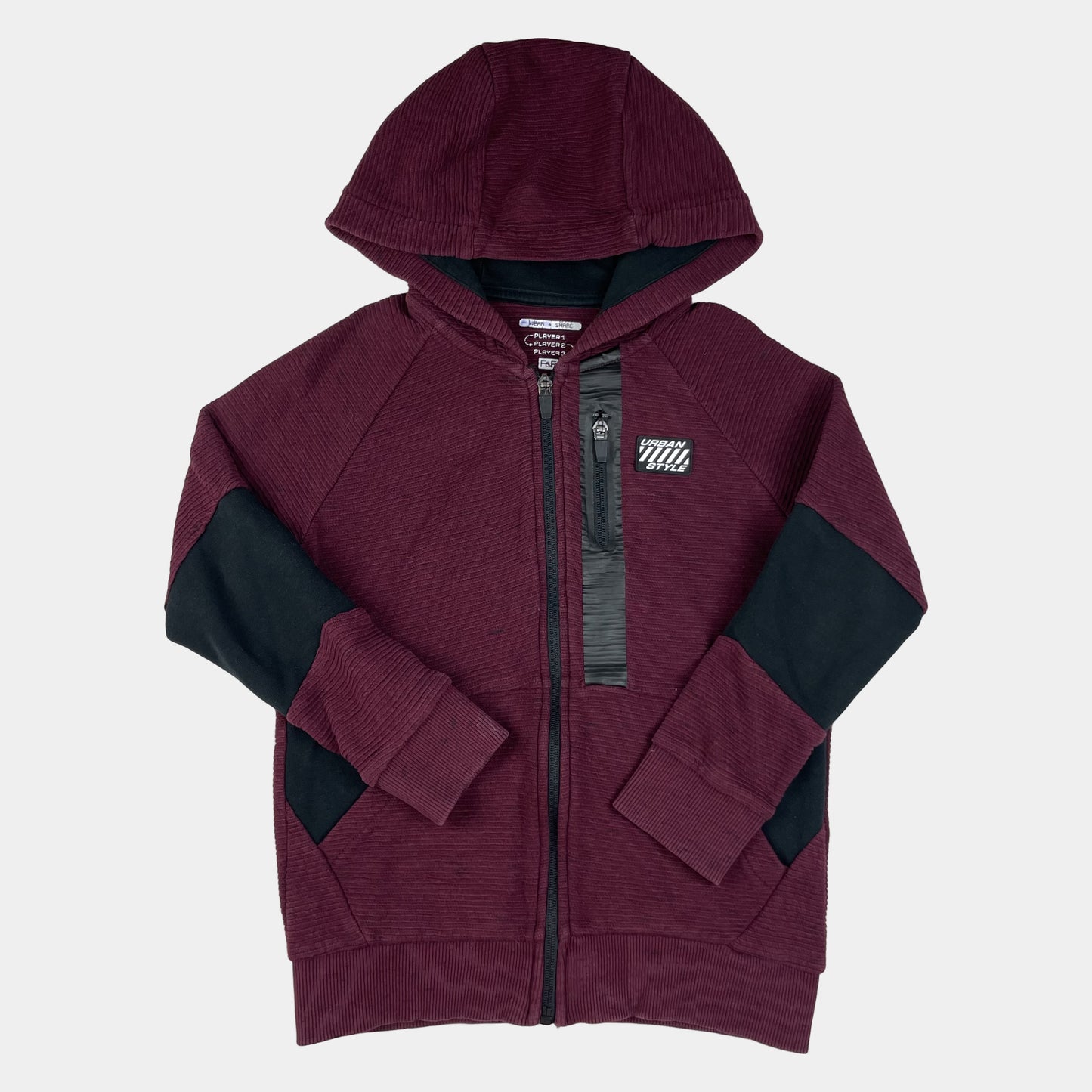 Bordeauxfarbene Kinder-Kapuzen-Sweatjacke mit Reißverschluss und schwarzen Einsätzen, Größe 122, von F&F – front