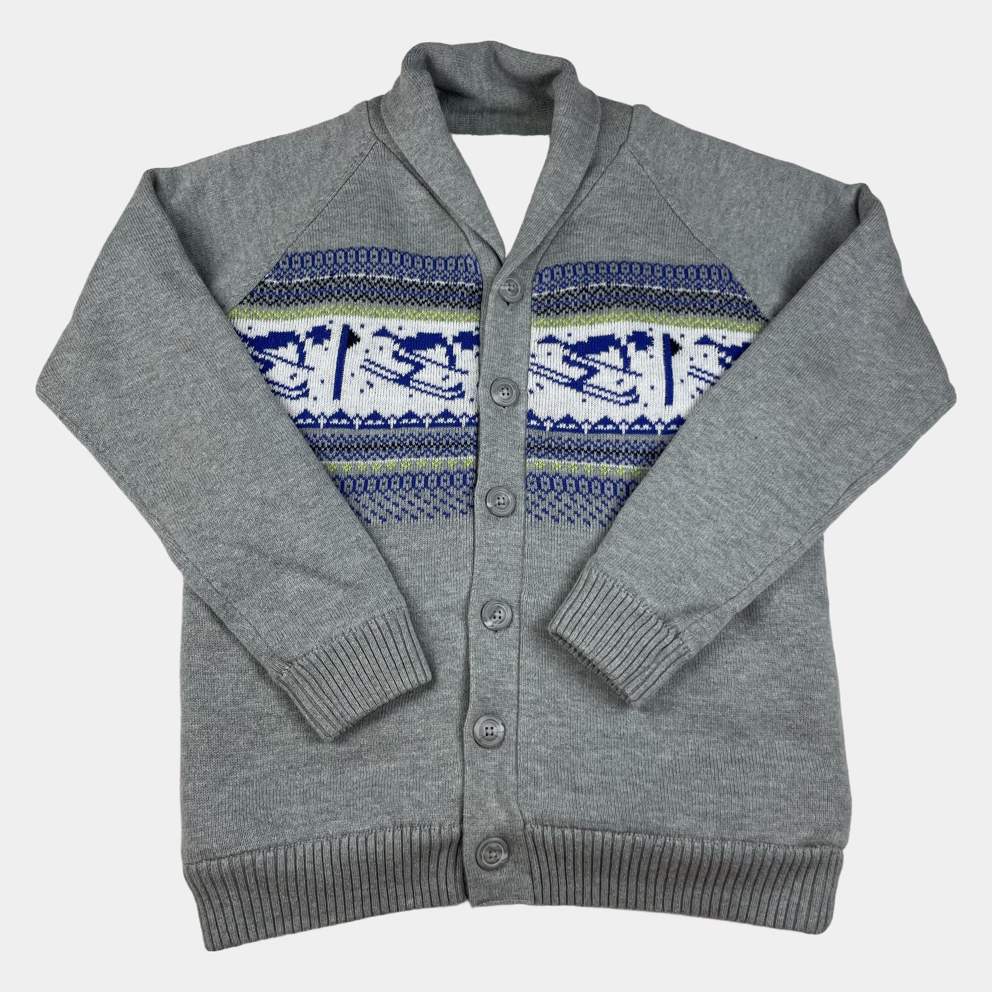 Graue Kinder-Strickjacke mit Jacquardmuster und Fleecefutter, Größe 152 (11–12 Jahre) – front