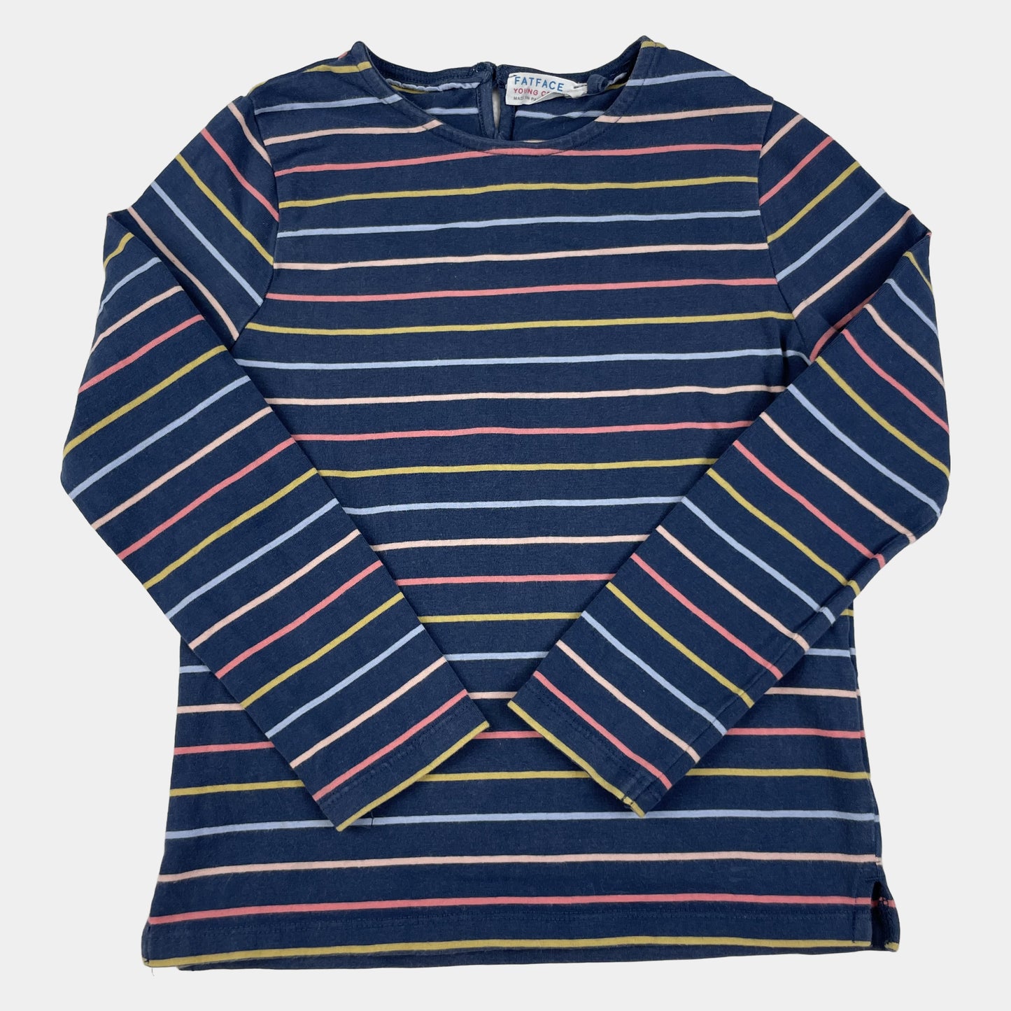 Gestreiftes Langarmshirt für Kinder in Blau mit bunten Streifen, Größe 4/5 – front