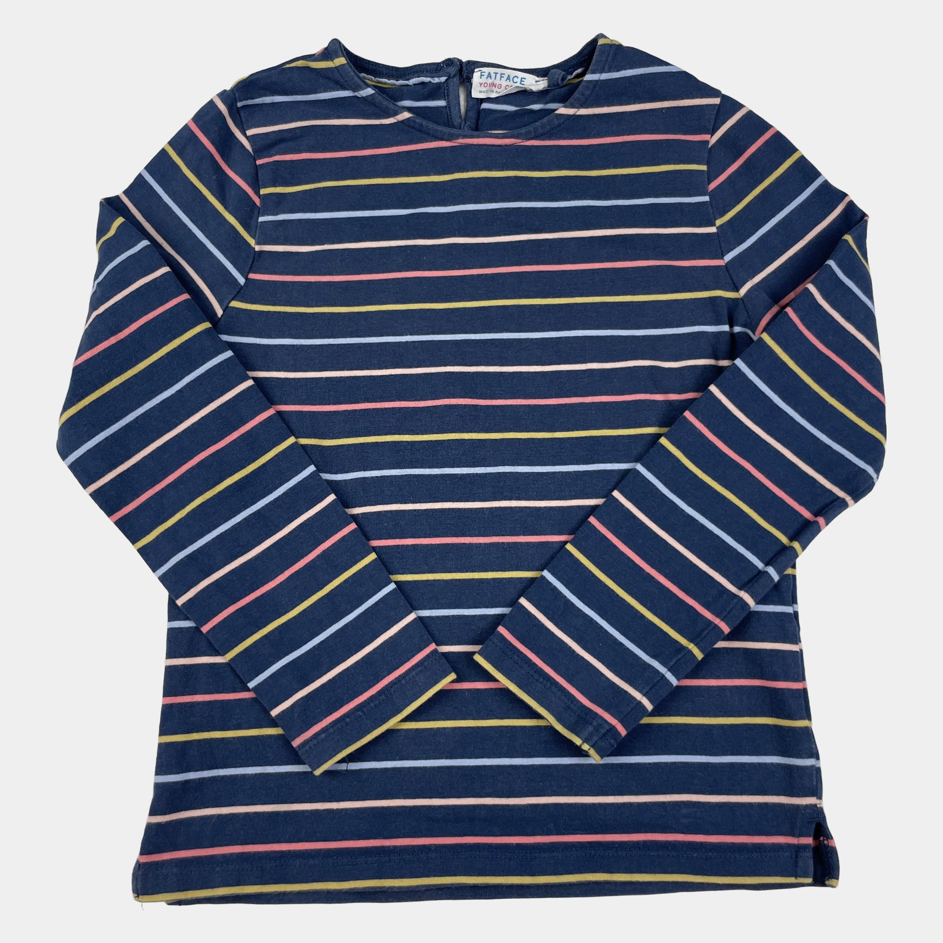 Gestreiftes Langarmshirt für Kinder in Blau mit bunten Streifen, Größe 4/5 – front