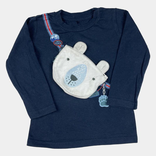 Dunkelblaues Langarmshirt mit applizierter Bären-Tasche und Ski-Details – front