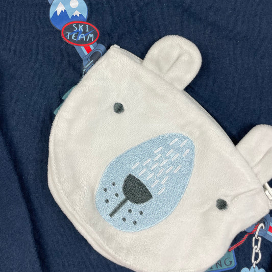 Dunkelblaues Langarmshirt mit applizierter Bären-Tasche und Ski-Details – detail