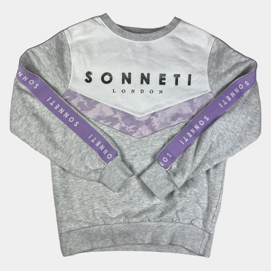 Graues Sweatshirt mit weißer Brustpartie und lilafarbenen Sonneti-Details, Größe 10–12 Jahre – front