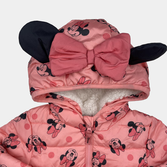 Rosa Steppjacke mit Kapuze, Ohren und Schleife, Minnie-Print, Größe 9–12 Monate – detail