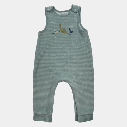Mintgrüner gestreifter Baby-Overall mit Dino-Stickerei von Nutmeg, Größe 80 (9–12 Monate) – front