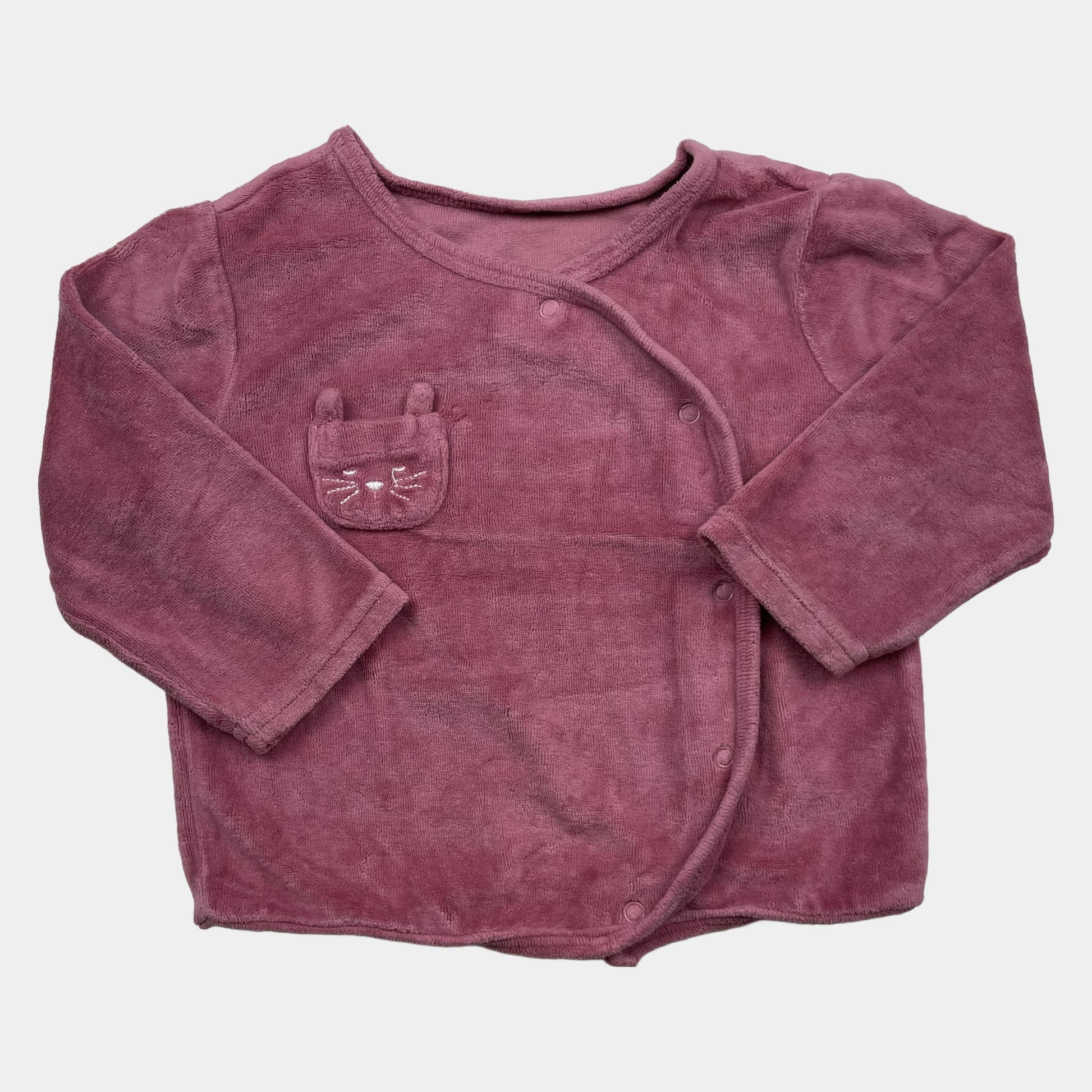 Rosa Velours-Wickeljacke mit Katzen-Tasche, Größe 12–18 Monate – front