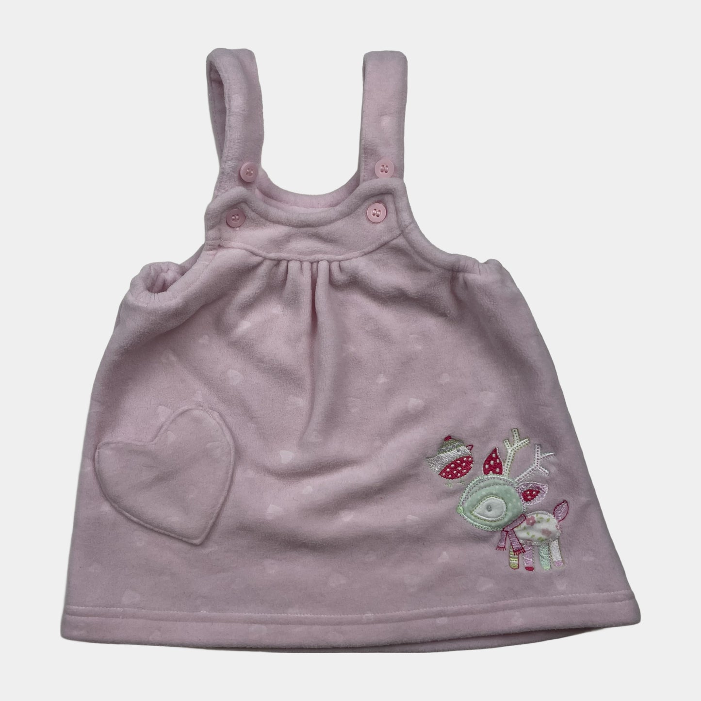 Rosa Fleece-Babykleid mit Reh-Applikation und Herz-Tasche, Größe 0–3 Monate – front