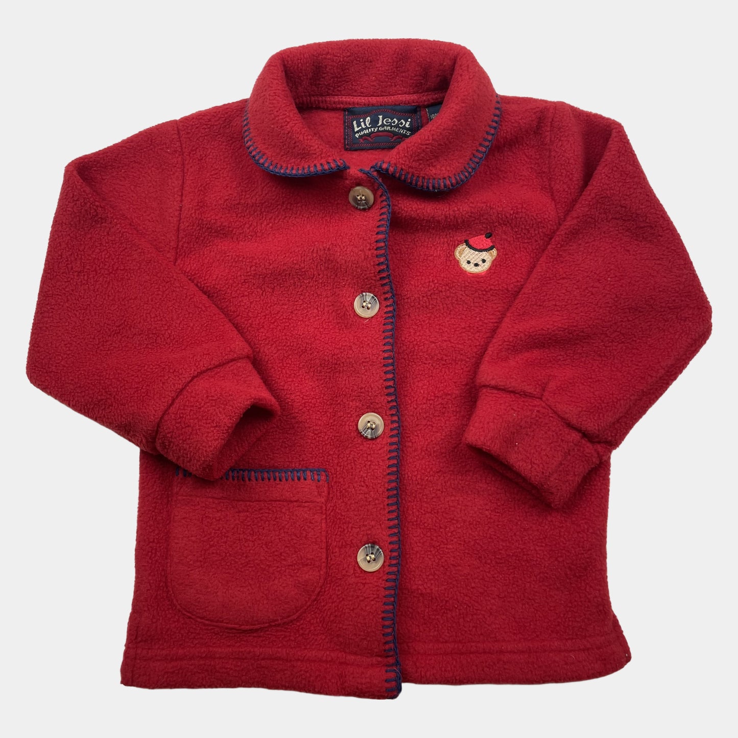 Rote Fleece-Jacke von Lil Jessi, Gr. 18M, mit Knopfleiste und Bärenstickerei – front