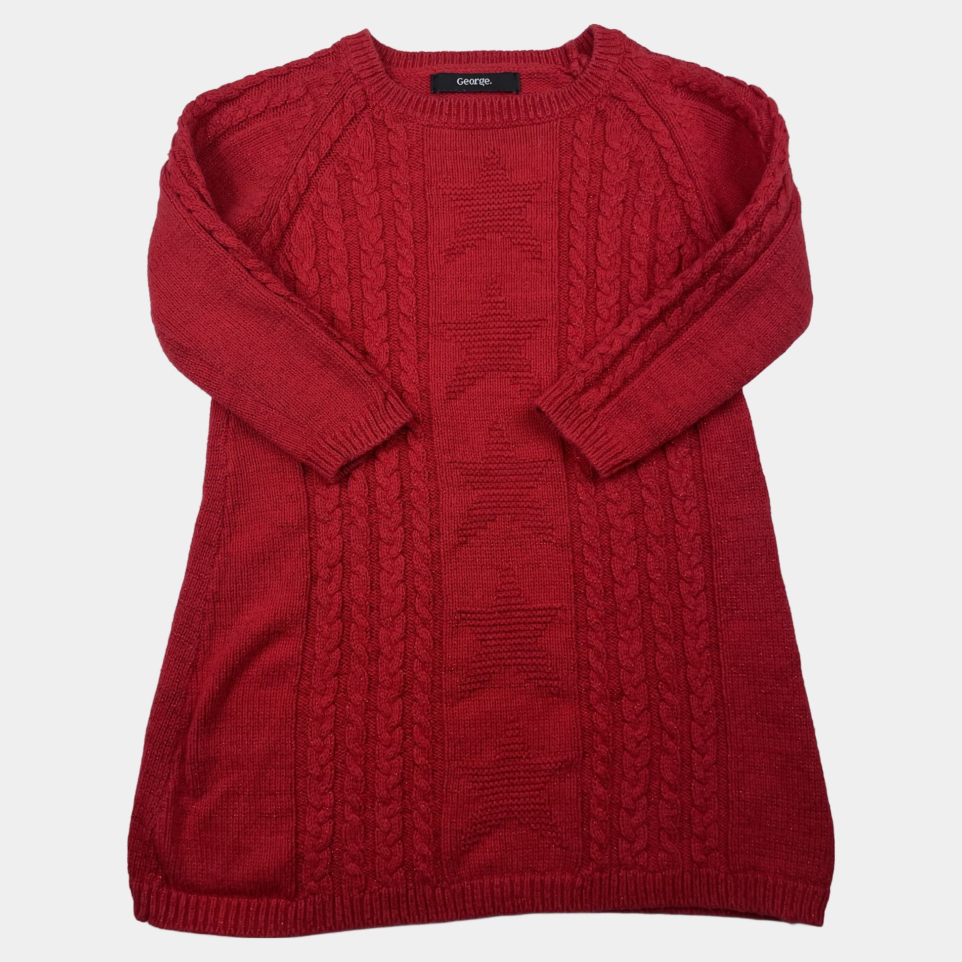 Rotes Strickkleid mit Zopfmuster und Sternmotiv, Größe 2–3 Jahre (92–98) – front
