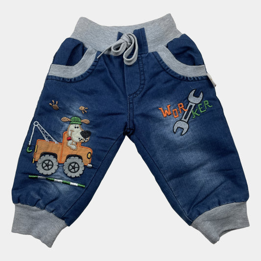 Dunkelblaue Babyhose mit Fleecefutter, grauen Rippbündchen und Auto-/Werkzeug-Stickerei – front