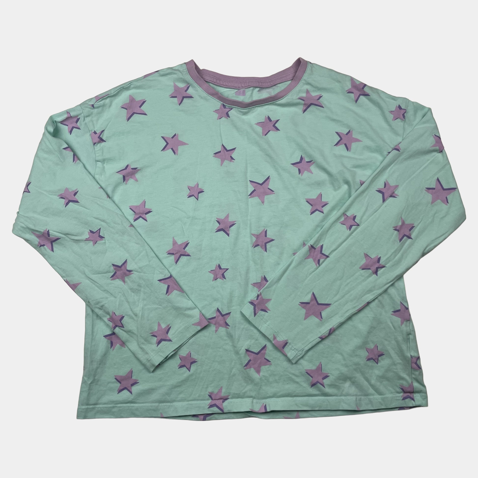 Türkises Schlafanzugoberteil für Kinder mit lila Sternen, lange Ärmel, Rundhals mit lila Bündchen
