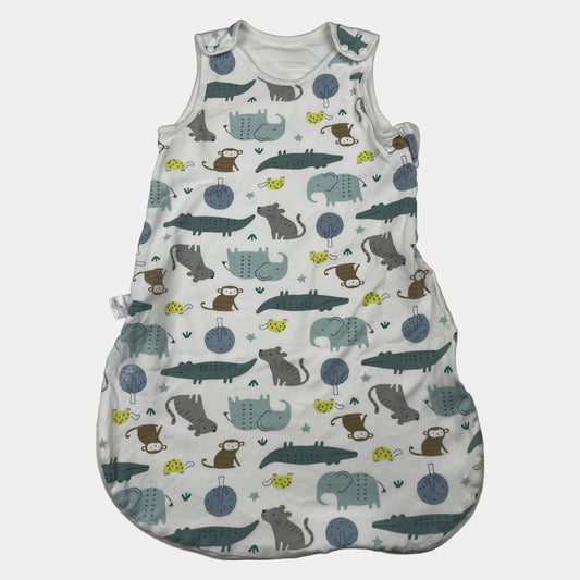 Weißer Babyschlafsack mit Tiermotiv, Größe S, seitlicher Reißverschluss und Druckknöpfe an den Schultern – front