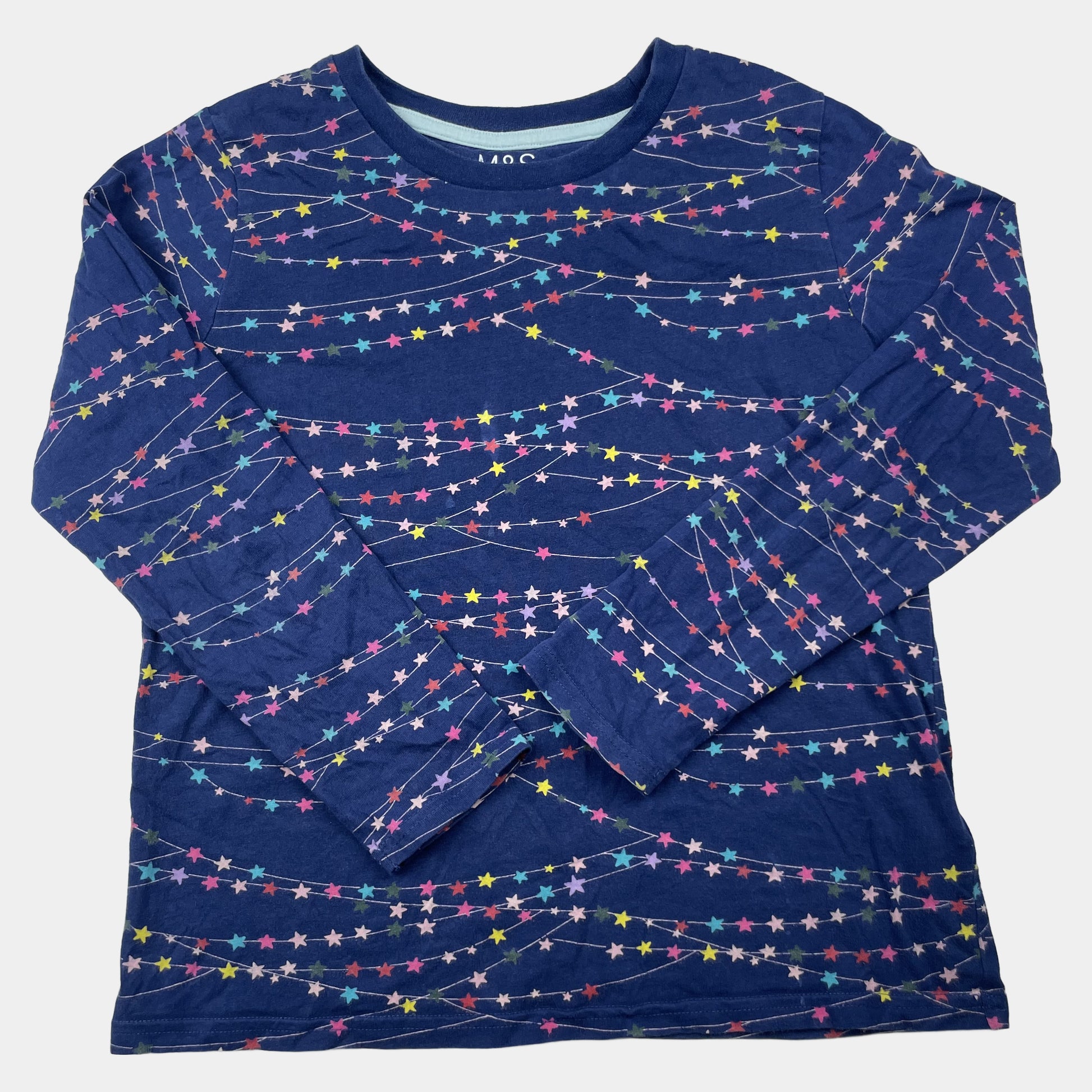 Blaues Kinder-Langarmshirt mit buntem Sternenmuster, Größe 140 – front