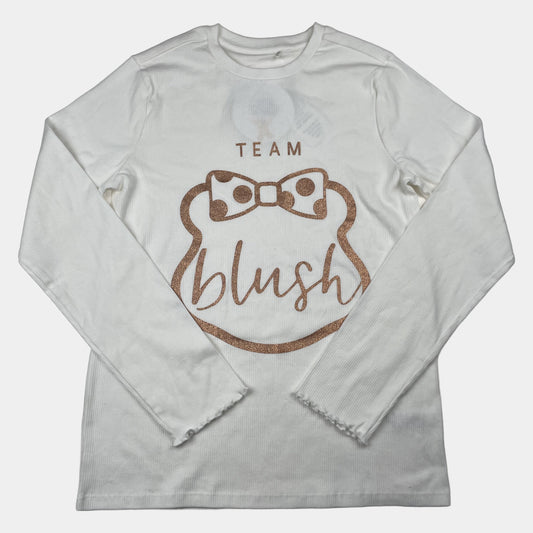 Weißes Langarmshirt mit Glitzer-Print „Team blush“, Größe 12–13 Jahre – front