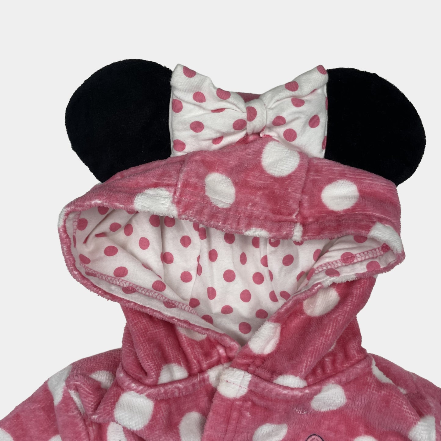 Rosa gepunkteter Baby-Bademantel mit Minnie Maus und Kapuze mit Ohren, Größe 6–9 Monate – detail