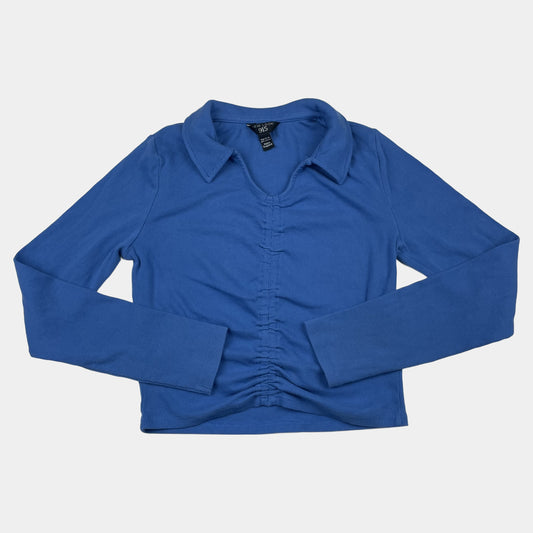 Blaues Langarmshirt mit Kragen und Raffung, Größe 14–15 Jahre – front