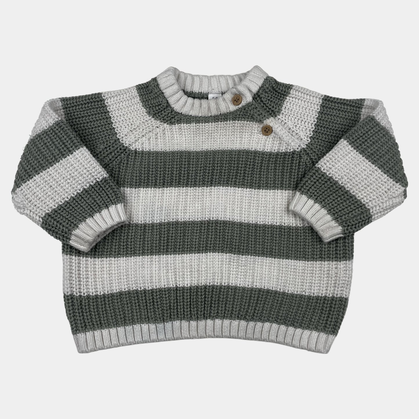 Gestreifter Baby-Strickpullover in Grün und Weiß mit Schulterknöpfen, Größe 6–9 Monate – front