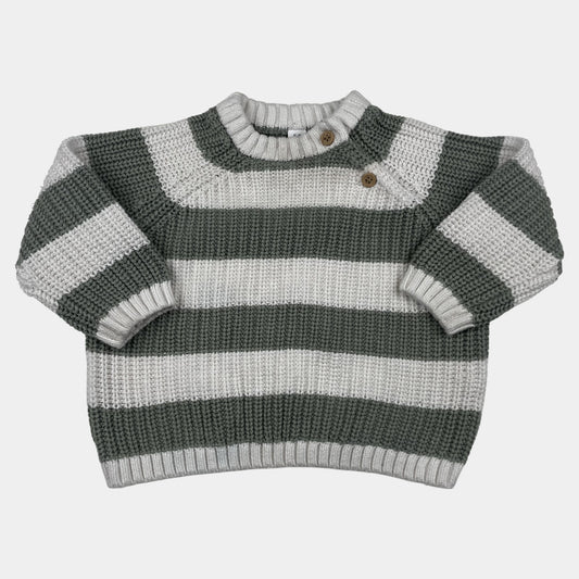 Gestreifter Baby-Strickpullover in Grün und Weiß mit Schulterknöpfen, Größe 6–9 Monate – front