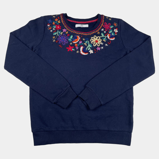 Dunkelblauer Kinderpullover mit bunter Stickerei von M&S, Größe 10-11 Jahre – front