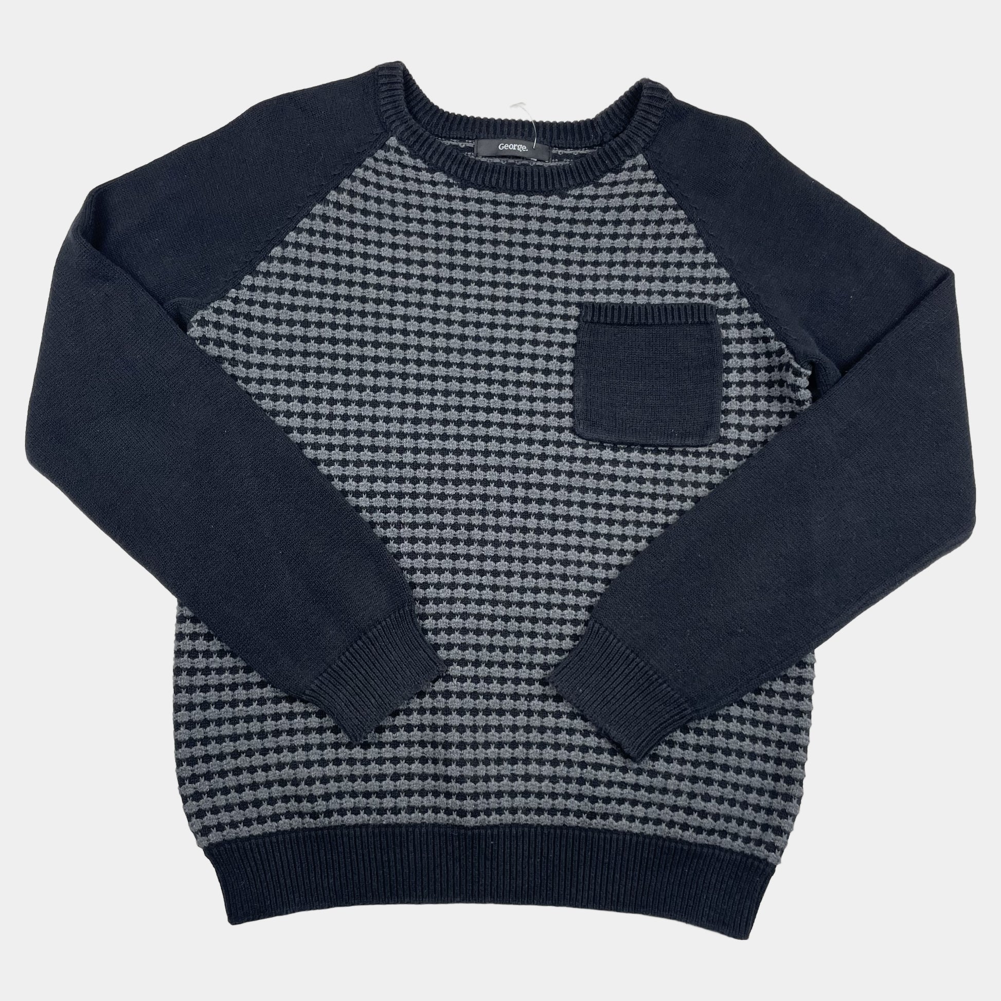 Dunkelblauer Baumwoll-Pullover mit kleinem Strickmuster und Brusttasche