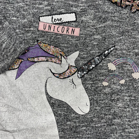 Grauer Pullover mit Einhornmotiv und Glitzerdetails, Größe 6-7 Jahre – detail