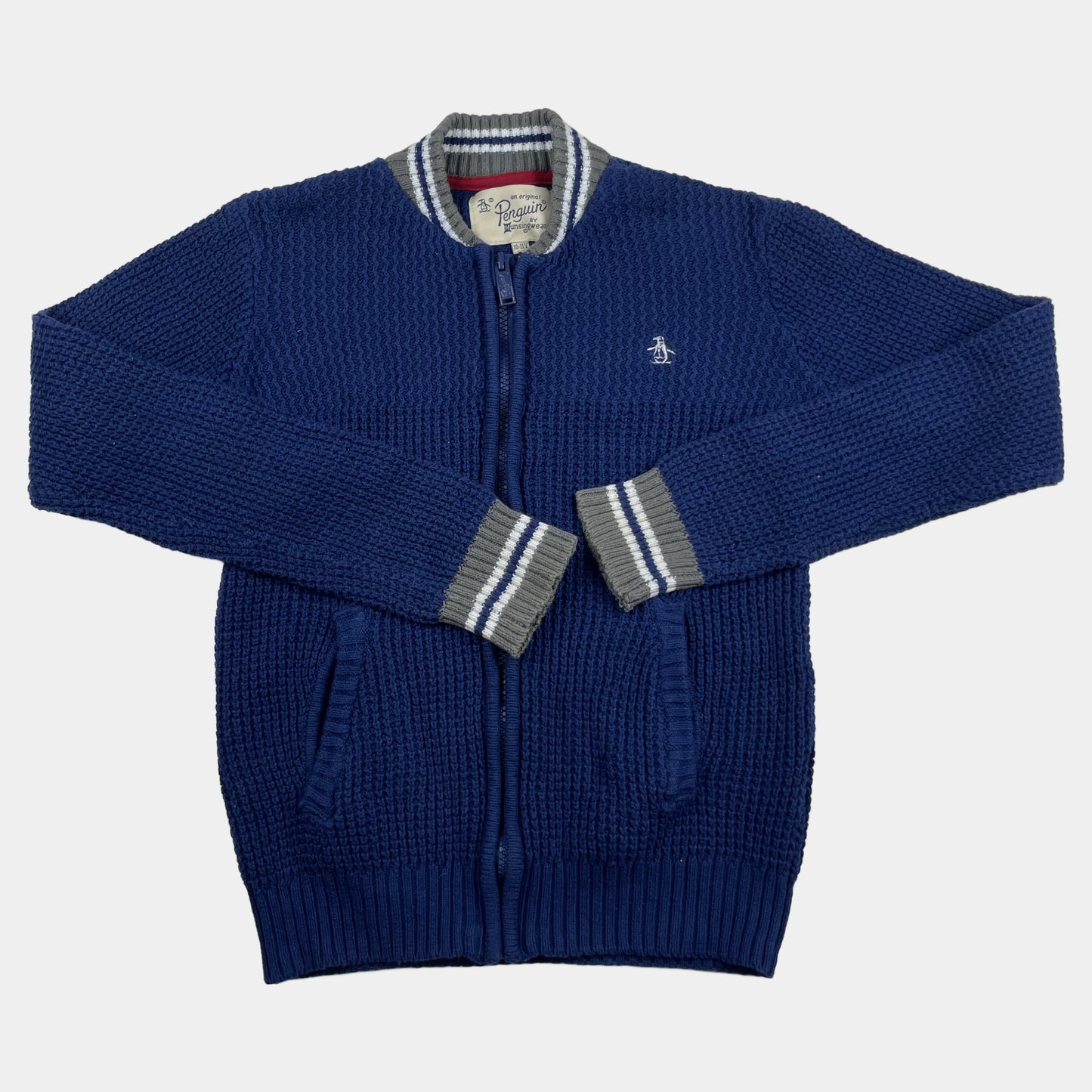 Blaue Baumwoll-Strickjacke mit Reißverschluss und gestreiften Bündchen für Kinder im Alter von 10-11 Jahren – front