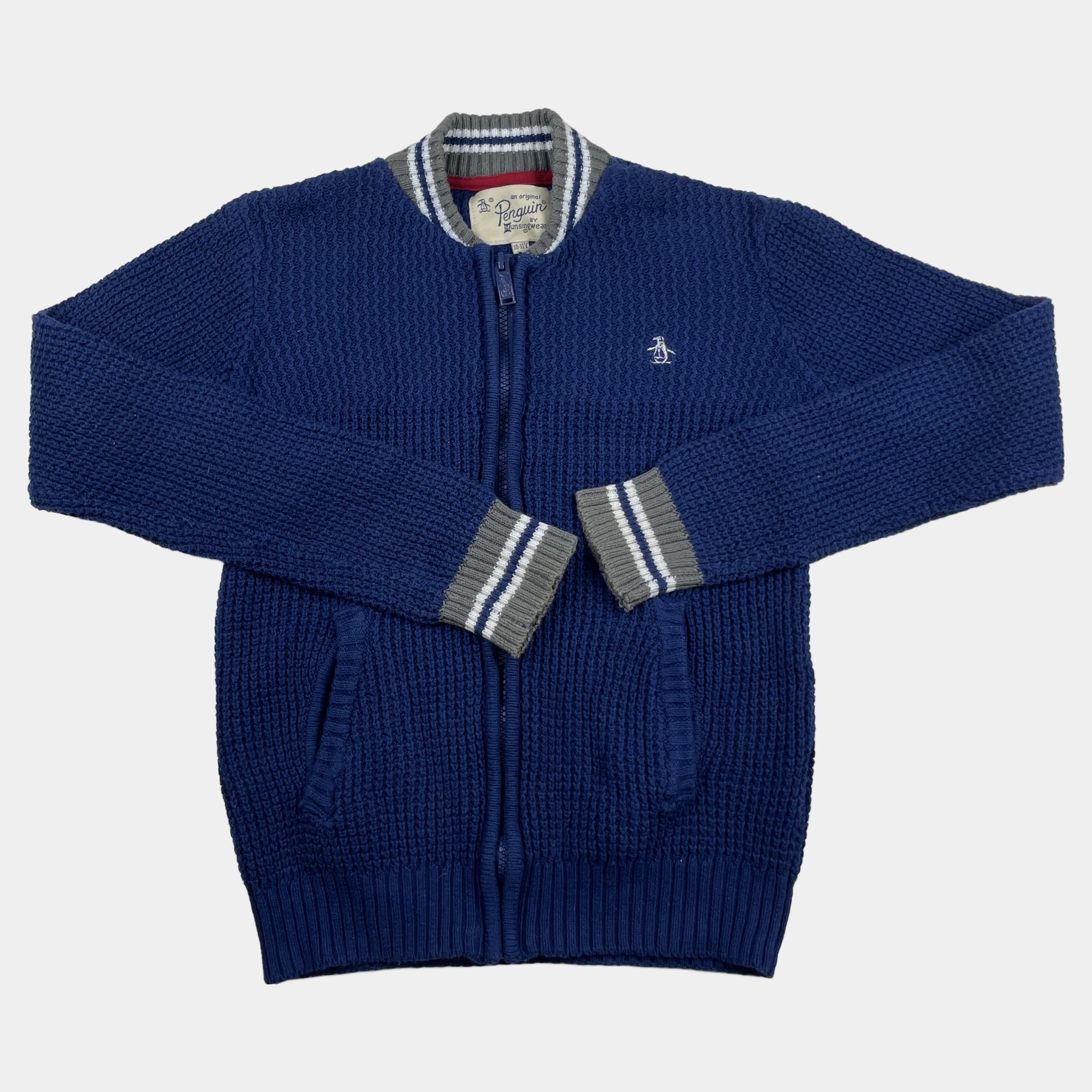 Blaue Baumwoll-Strickjacke mit Reißverschluss und gestreiften Bündchen für Kinder im Alter von 10-11 Jahren – front