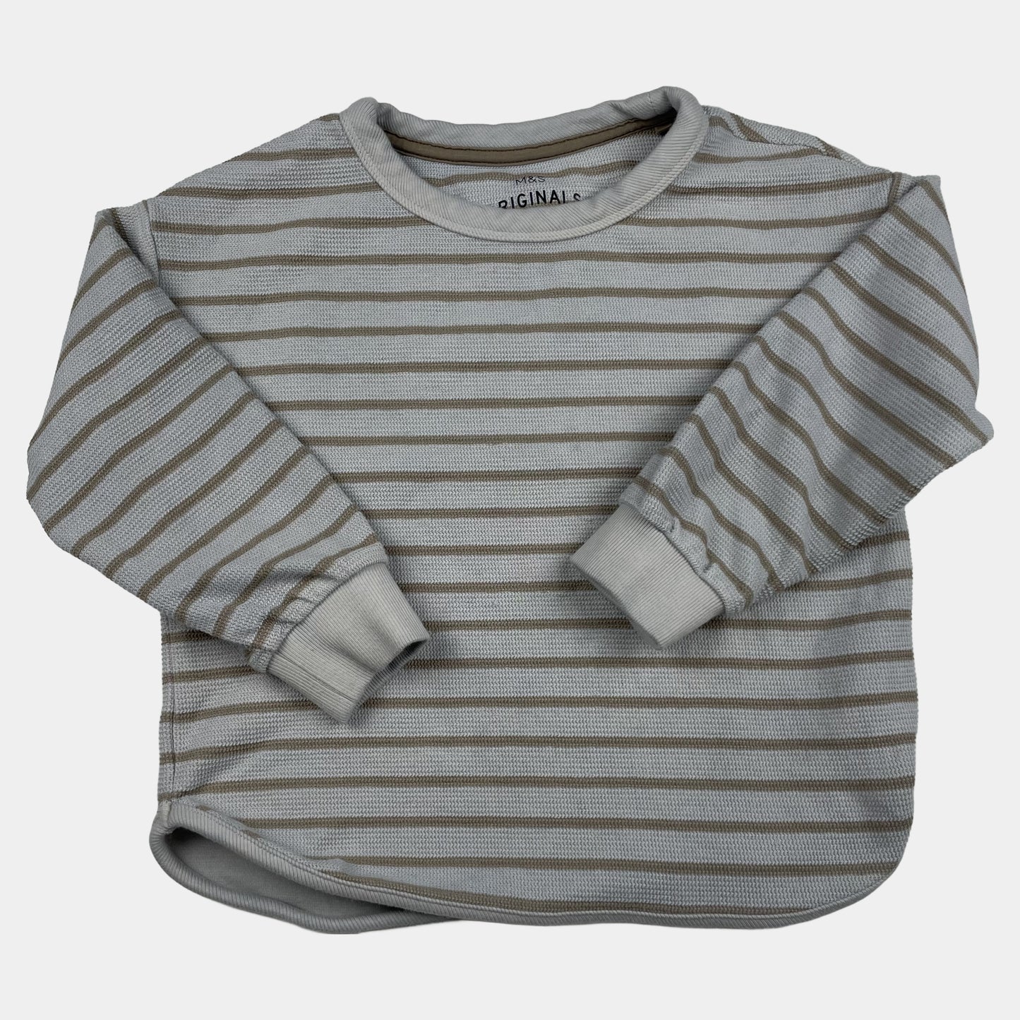 Gestreifter Kinderpullover in Grau und Braun mit langen Ärmeln – front