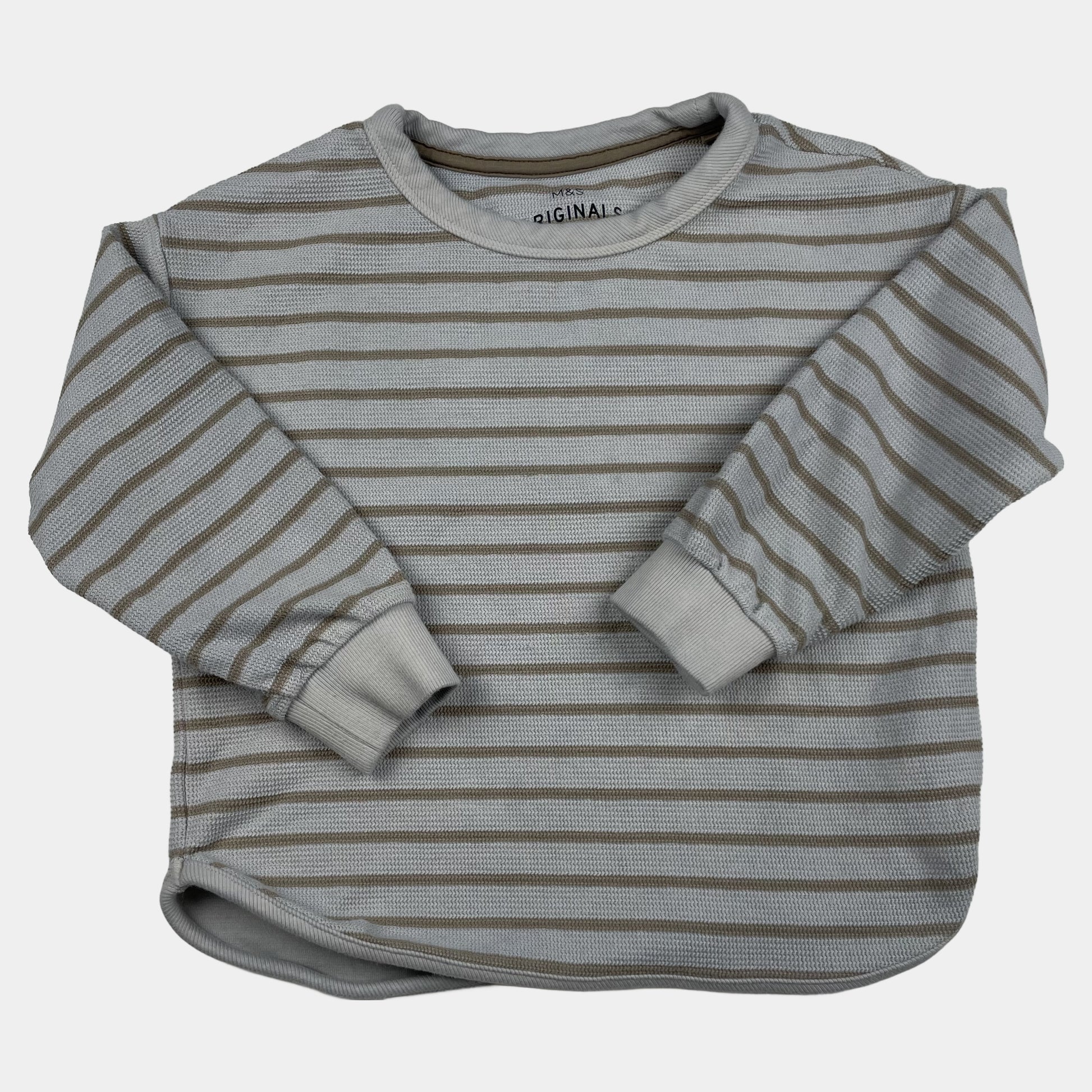 Gestreifter Kinderpullover in Grau und Braun mit langen Ärmeln – front