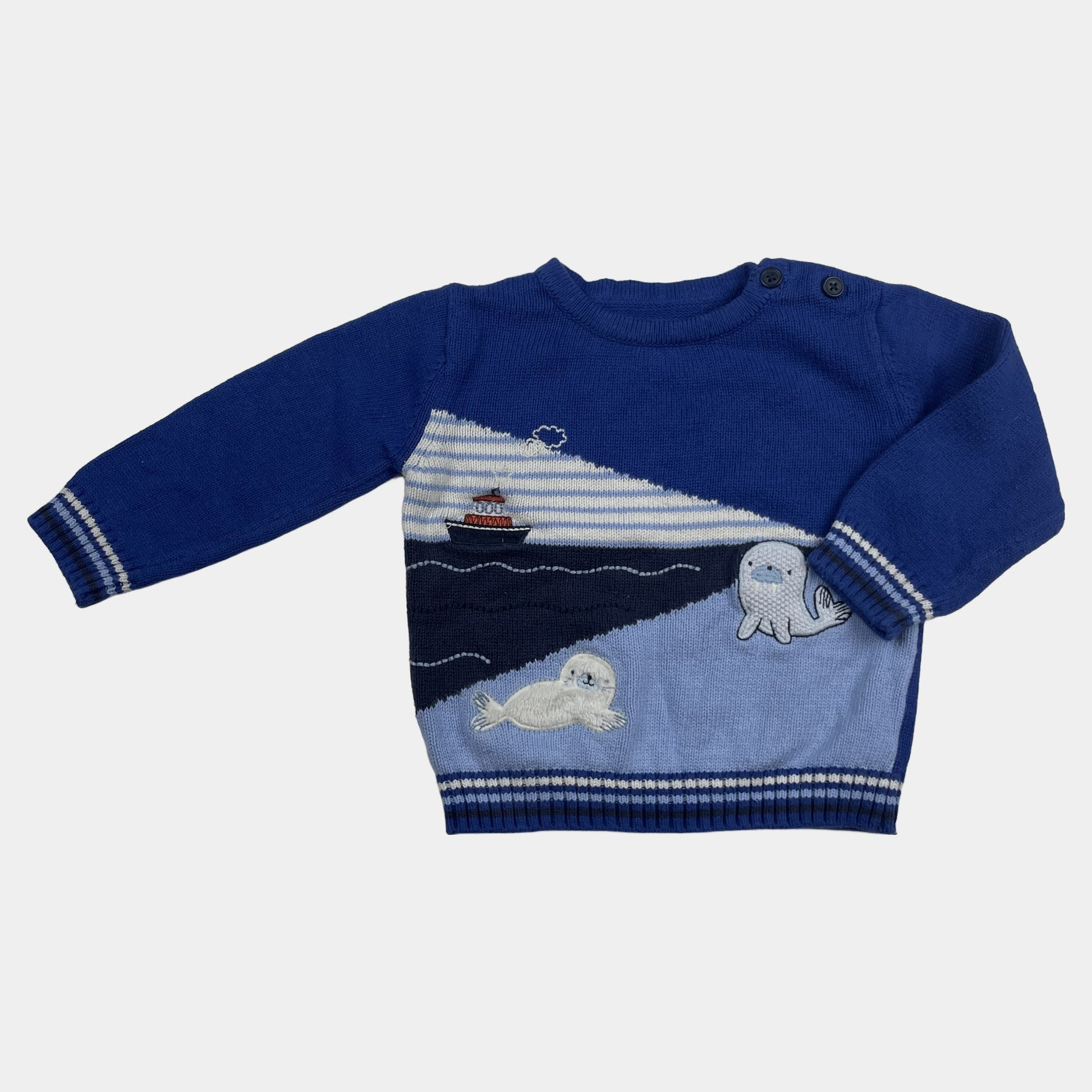 Blauer Baumwoll-Pullover mit Boot und Robbenmotiv, Größe 6-9 Monate – front