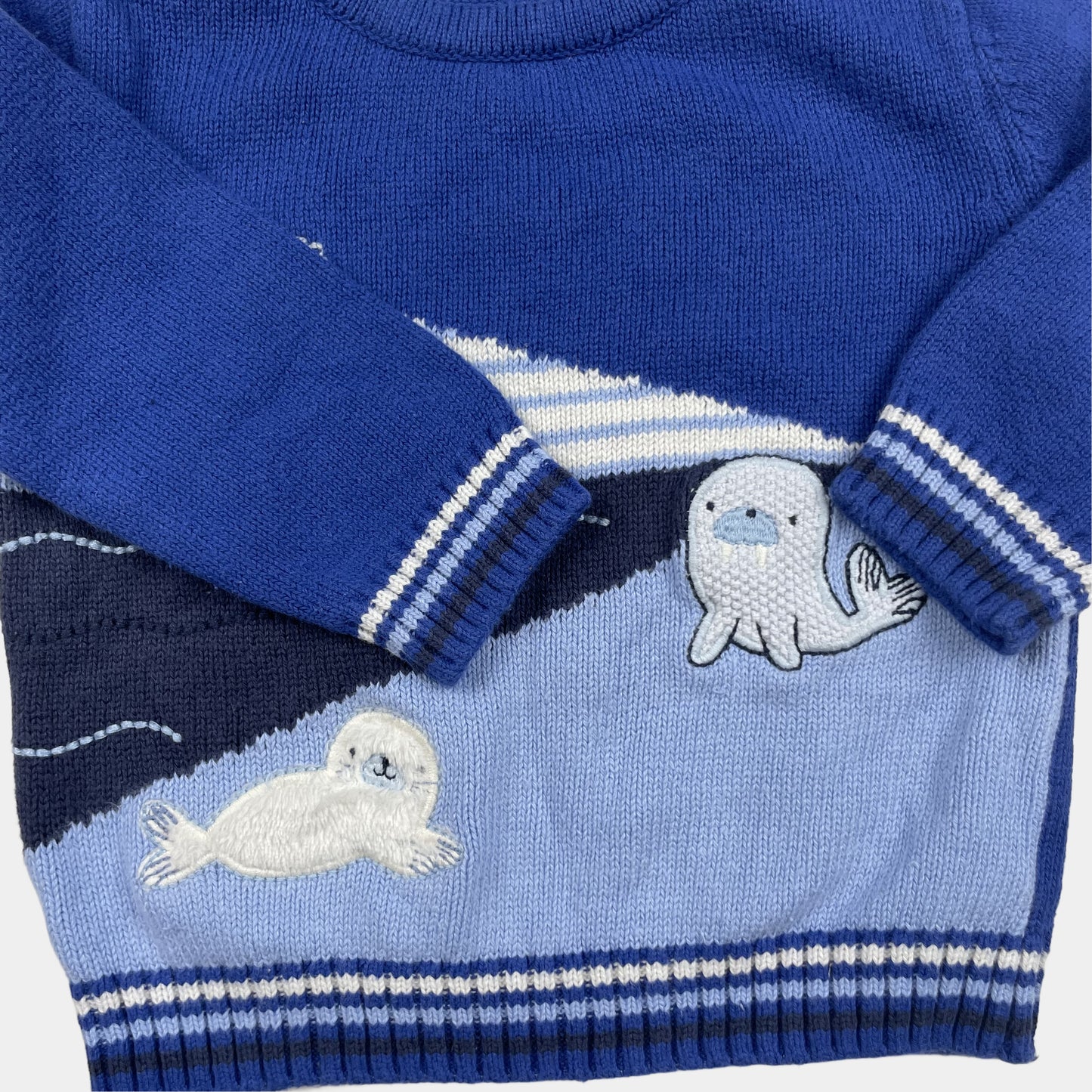 Blauer Baumwoll-Pullover mit Boot und Robbenmotiv, Größe 6-9 Monate – sleeve