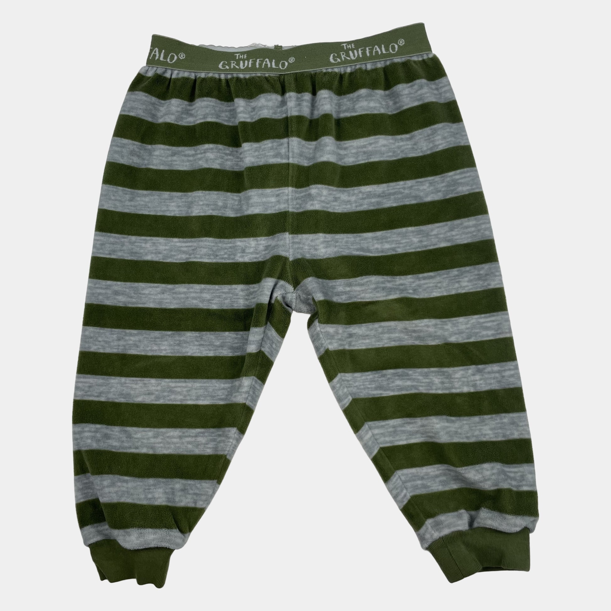 Gestreifte Kinderhose in Grün und Grau mit elastischem Bund und dem Gruffalo-Design – front