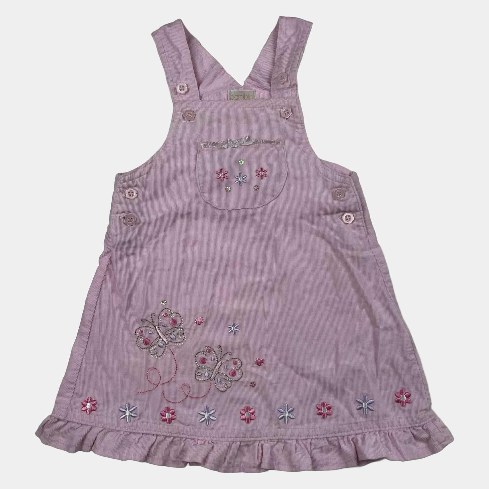 Rosa Cord-Kleid mit Schmetterlingsmotiv und Rüschen – front