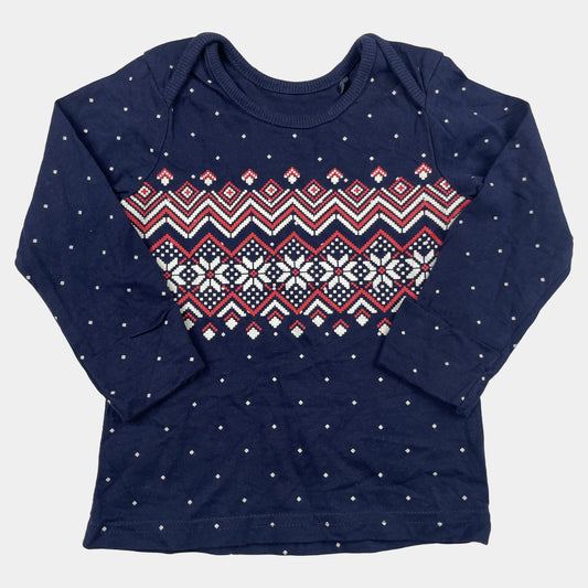 Blaues Baumwollshirt mit Wintermuster und langen Ärmeln – front