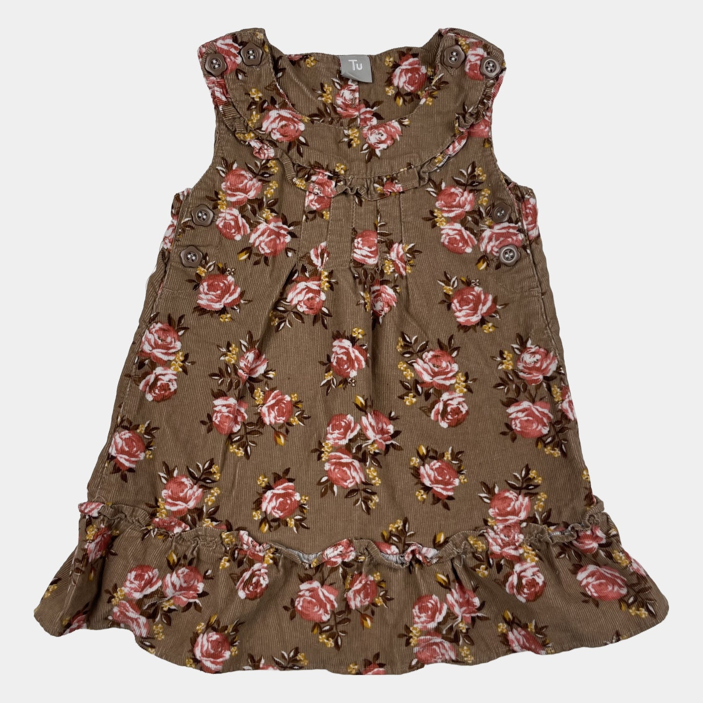 Braunes Cord-Kleid mit Blumenmuster und Rüschen am Saum für Babys 6-9 Monate (68-74 cm) – front