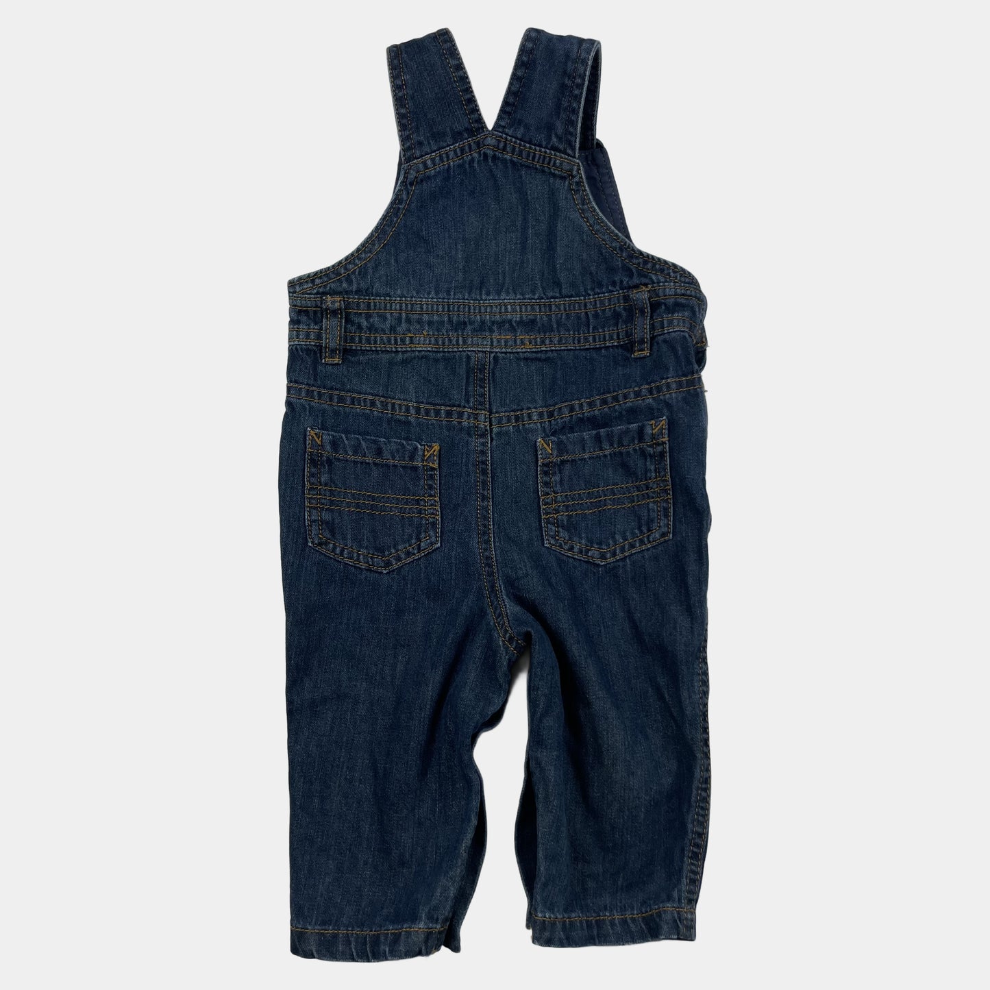 Dunkelblauer Denim-Overall für Kleinkinder, Größe 3-6 Monate, mit Taschen und verstellbaren Trägern. – back