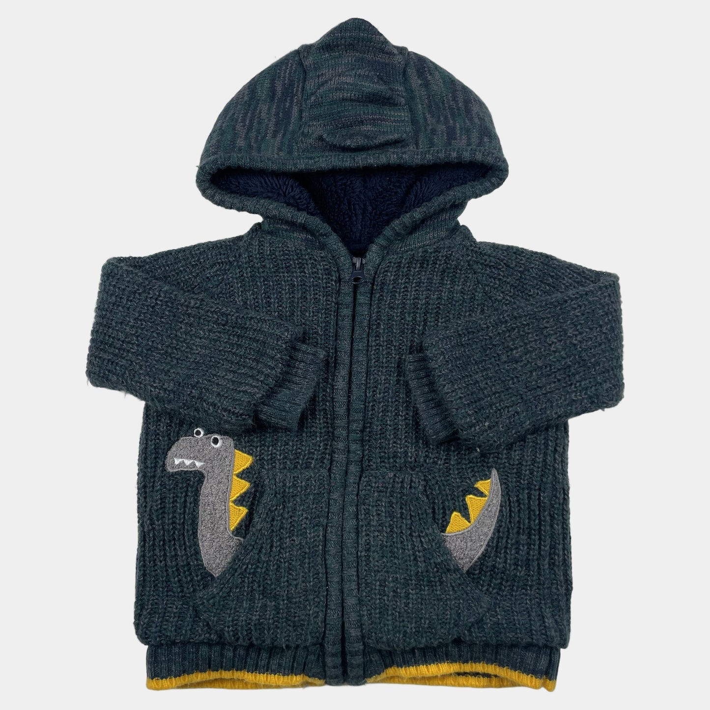 Grüne Strickjacke mit Dino-Applikation und Kapuze für Kinder – front