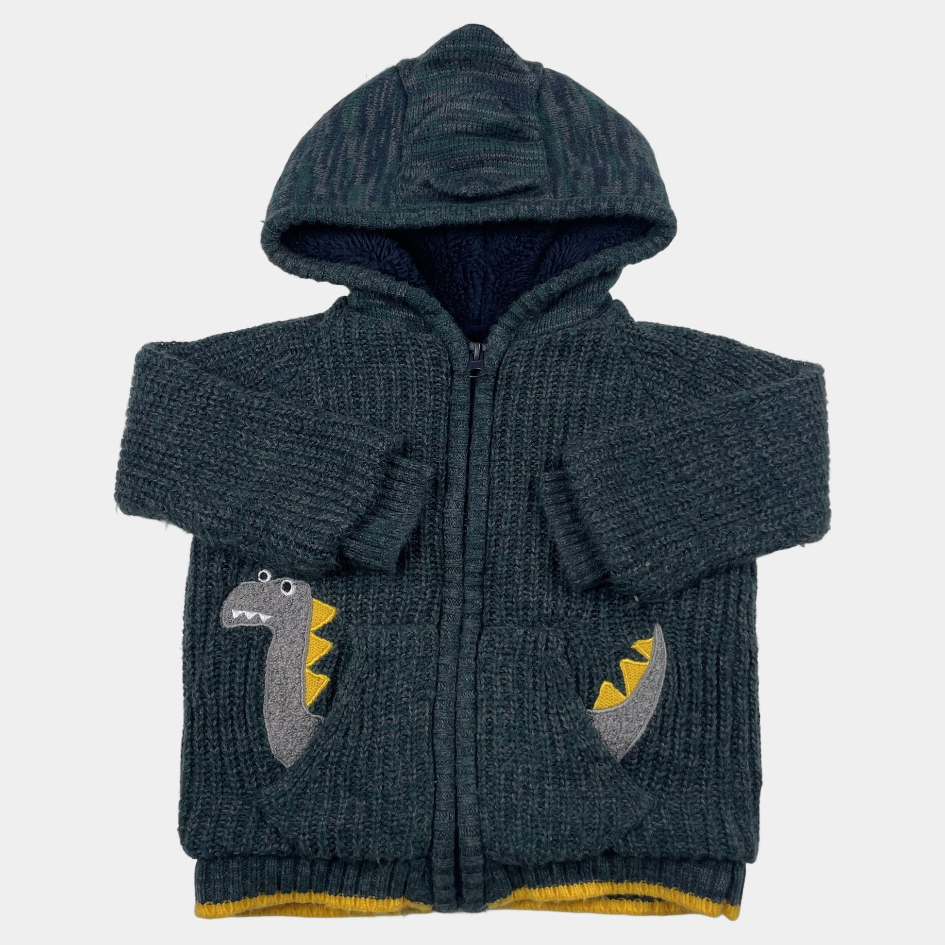 Grüne Strickjacke mit Dino-Applikation und Kapuze für Kinder – front