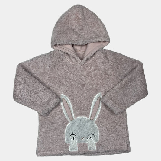 Flauschiger rosa Pullover mit Kapuze und Hasenmotiv für Kinder – front