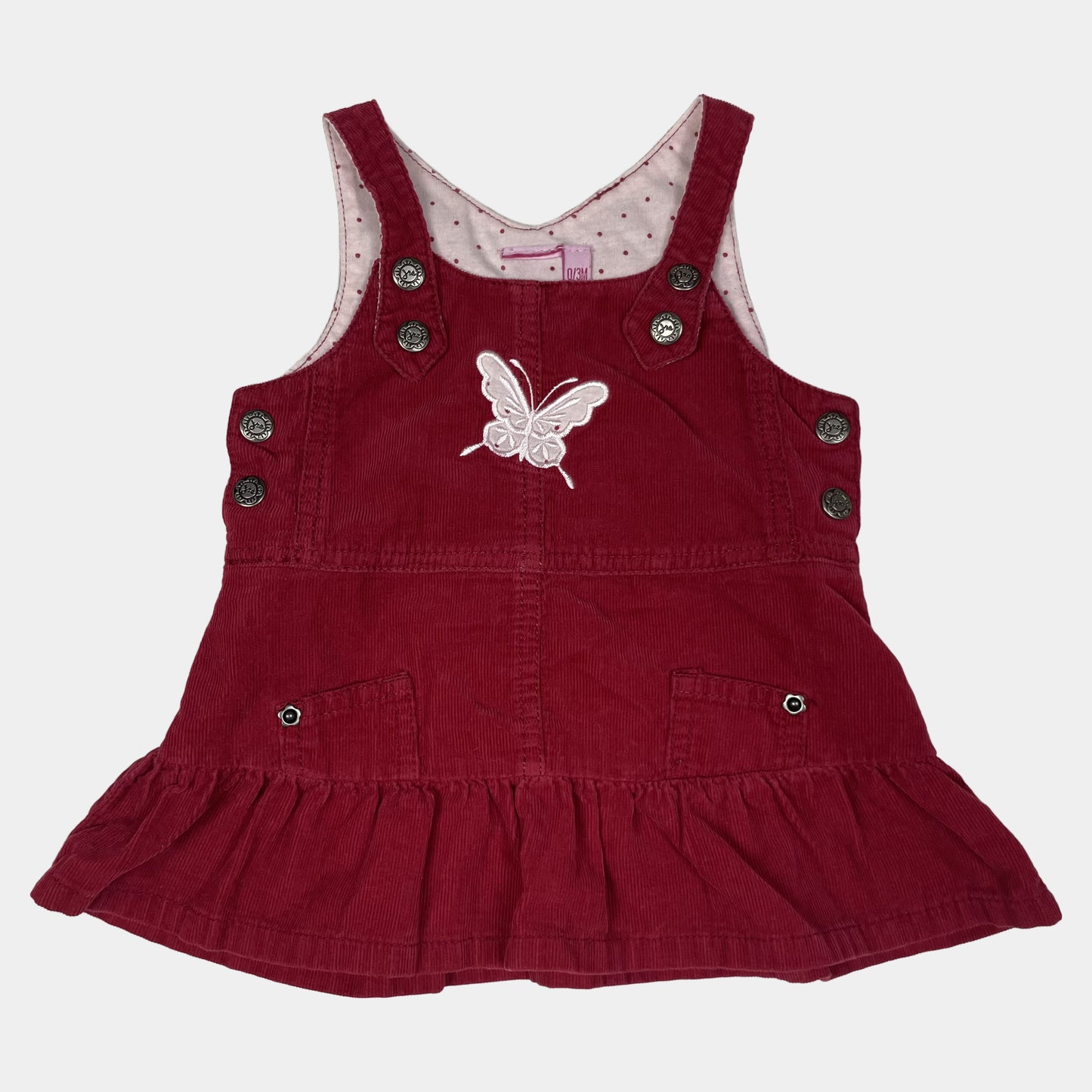 Rotes Cord-Kleid mit Schmetterlings-Applikation für Mädchen, Größe 0-3 Monate, aus Baumwolle – front