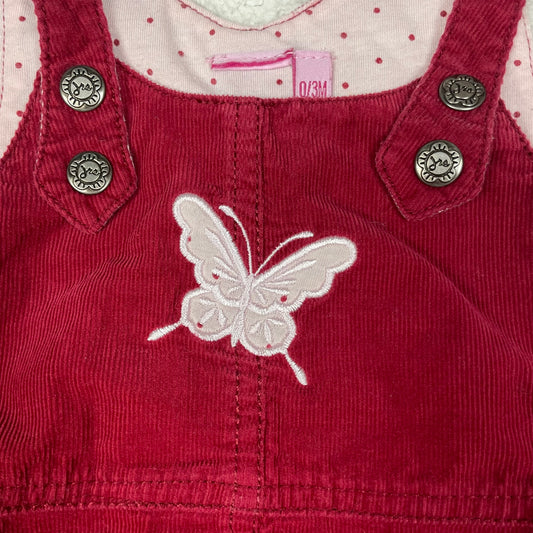 Rotes Cord-Kleid mit Schmetterlings-Applikation für Mädchen, Größe 0-3 Monate, aus Baumwolle – detail