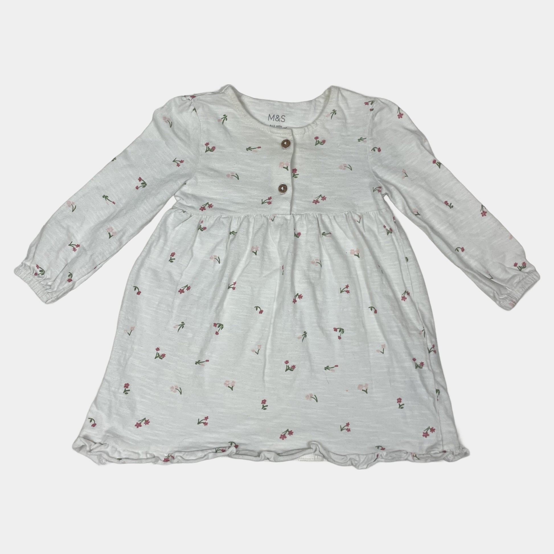 Weißes Baumwoll-Kleid mit Blumenmuster und langen Ärmeln – front