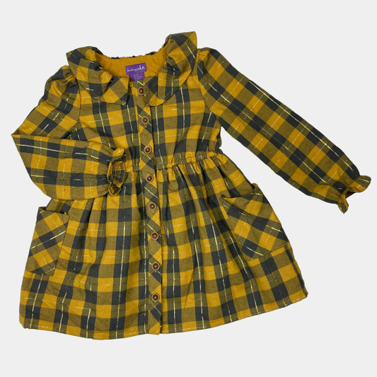 Kariertes Langarmkleid mit Rüschenkragen in Gelb und Schwarz – front