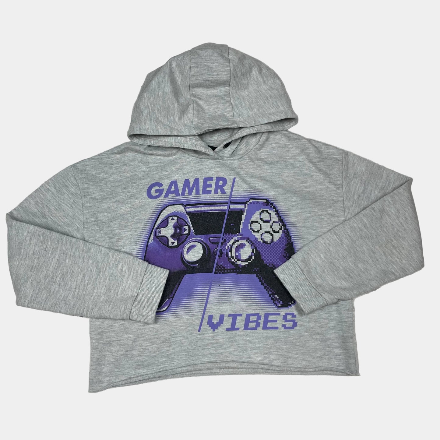 Grauer Kapuzenpullover mit Gamer-Aufdruck – front