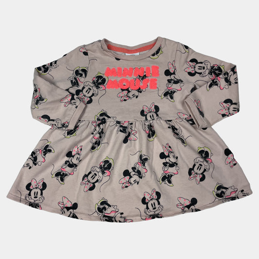 Rosa Baumwoll-Kleid mit Minnie-Maus-Muster und langen Ärmeln – front