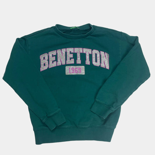 Grünes Baumwoll-Sweatshirt mit glitzerndem Schriftzug von Benetton für Kinder – front